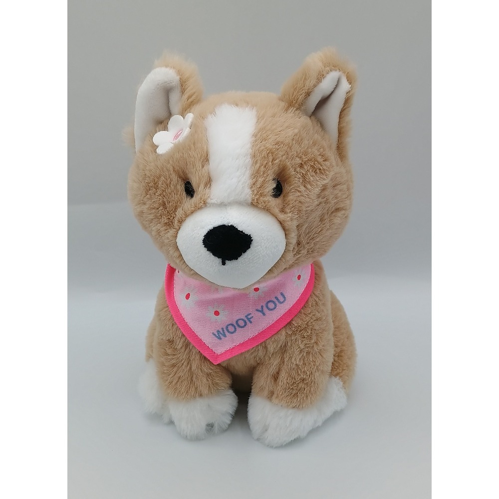 8" American Greetings Tan White Woof You Bandana Flower PLUSH Puppy Dog 3